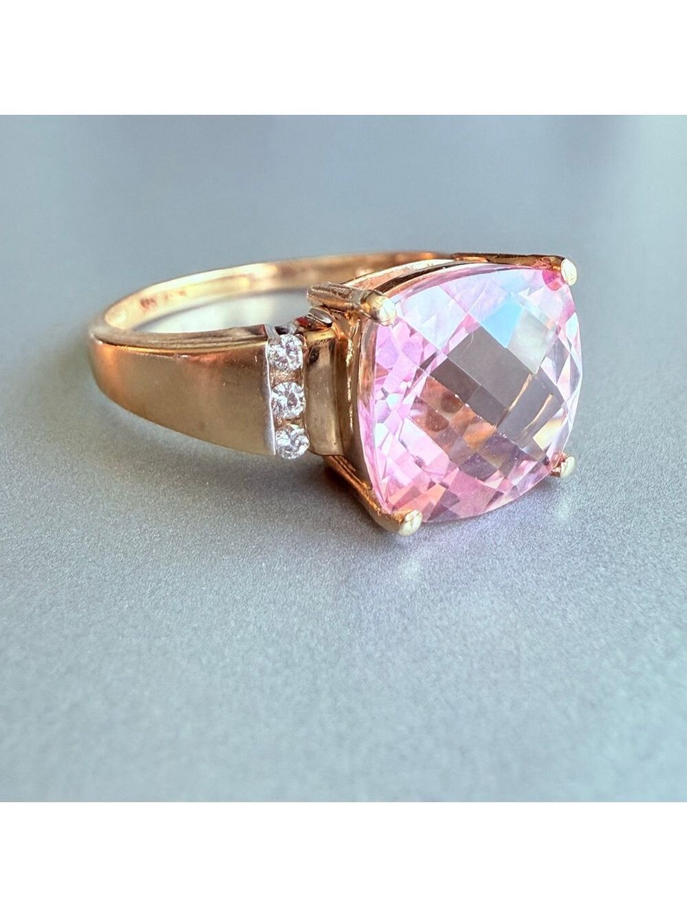 Estate 14K Solid Yellow Gold 4.6 CT Natural Pink Topaz Diamond Chatelaine Ring - Picture 3 of 12